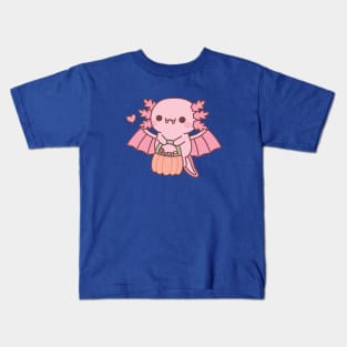 Cute Axolotl Vampire Carrying Halloween Pumpkin Kids T-Shirt